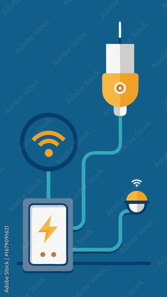 Poster a blue background with a light bulb and a power outlet. the light bulb is connected to a power sourc