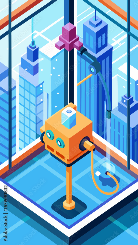Poster a cityscape with a building in the middle with a crane lifting a box. the crane is suspended from a 
