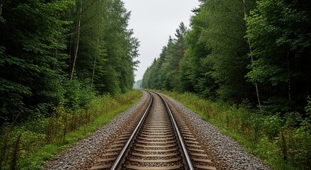 Obraz premium Curving railway tracks through vibrant green forest, evoking travel, journey, and exploration