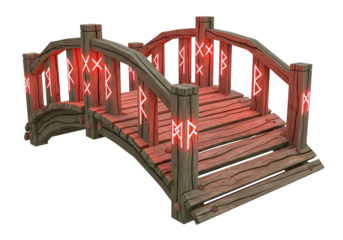A stylized, arched wooden bridge, highlighted with glowing red runes, is presented against a black background.