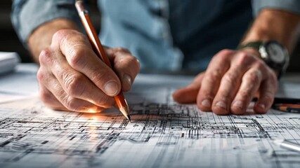 Blueprints and technical drawing spread across table, architect hands pointing with pencil. - Powered by Adobe