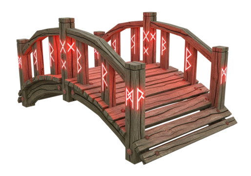 A stylized, arched wooden bridge, highlighted with glowing red runes, is presented against a black background.