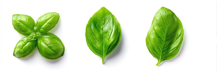 Three fresh basil leaves against a white background