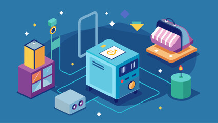 Obraz premium A blue box with a green light on it is surrounded by other boxes. The boxes are all different colors and shapes. The image is of a futuristic scene with a lot of technology