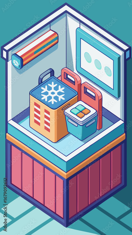 Poster a blue and white building with a red trash can on the ground. the trash can is next to a box with a 