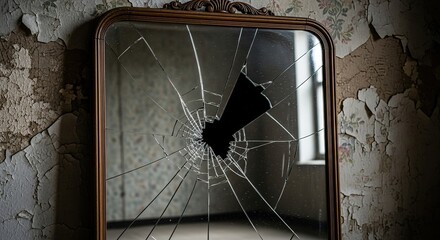 Eerie antique mirror with shattered glass reflects a decaying room's forgotten story