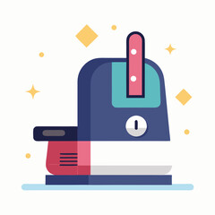 A blue and white appliance with a red button on the front. The appliance is a coffee maker