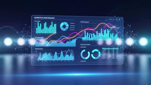 Futuristic digital dashboard displaying marketing performance metrics with vibrant background lights