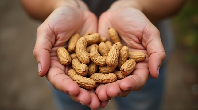 Close-up of Cupped Hands Holding a Generous Handful of Fresh Peanuts in Shells