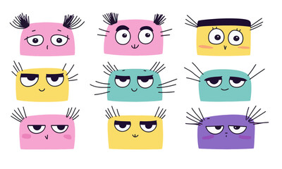 Series of small cute round shapes with eyes, flat colors and illustrator style. Cartoon doodle little character vector