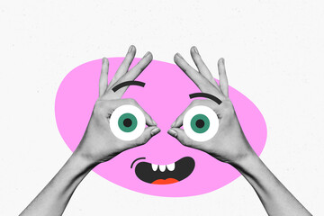 Full image poster banner collage of human hands show eyeball stare non verbal communication fake...