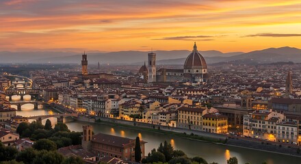 Naklejka premium Stunning Sunset Over Florence Cathedral and Arno River.