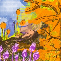 Autumn fantasy landscape with abstract trees and wildflowers