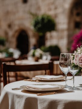Elegant Italian table setting with wine glasses, plates and fruits. Mediterranean celebration with rustic details, Tuscan vineyard style and authentic atmosphere