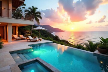 Luxury villa with private pool, stunning ocean views, lush gardens, and outdoor patio Perfect for a relaxing getaway Enjoy the sunset from your private terrace , resort, tropical, relaxation