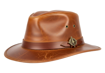 A rich brown leather fedora hat with a compass emblem accents its band, showcasing a rustic and stylish design.