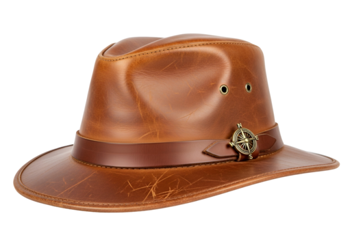 A rich brown leather fedora hat with a compass emblem accents its band, showcasing a rustic and stylish design.