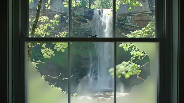 A tranquil view of a cascading waterfall in a lush forest seen through a window.