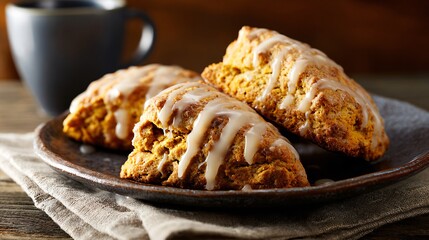 A pumpkin scones with maple glaze and cinnamon dusting, linen napkin and dark ceramic dish, rustic tabletop