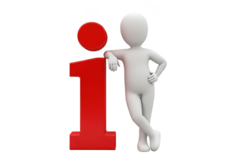 White 3d character leaning on a large red letter i isolated on transparent background