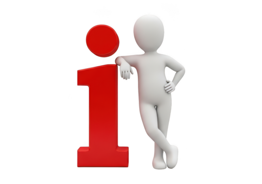 White 3d character leaning on a large red letter i isolated on transparent background