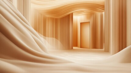 Abstract beige interior with flowing fabric and columns, leading to a door.