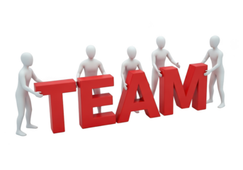 Five 3d figures assembling the word team with large red letters isolated on transparent background