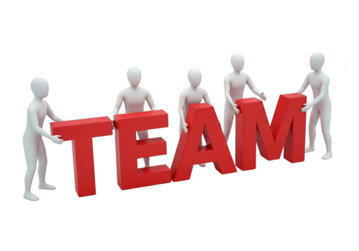Five 3d figures assembling the word team with large red letters isolated on transparent background