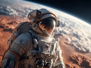 Obraz premium An astronaut stands on the red planet, gazing upon the vastness of space and the blue planet, embodying the spirit of exploration and scientific discovery.