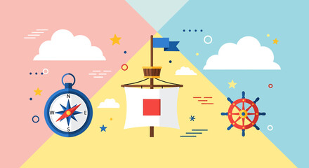 Whimsical seafaring adventure flat design illustration with compass and sailboat