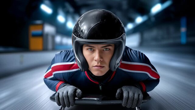 An athlete races down a bobsled track