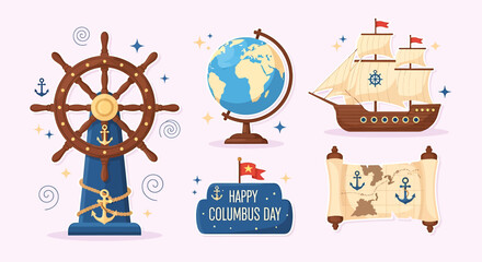 Columbus Day celebration elements with globe, ship and steering wheel design