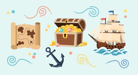 Wandcirkels Piraten Enchanting treasure hunt scene with a whimsical pirate ship and wealth chest  © TUTI