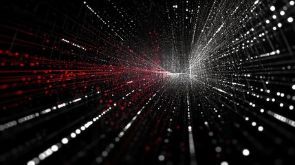 Abstract digital tunnel with red and white particles.
