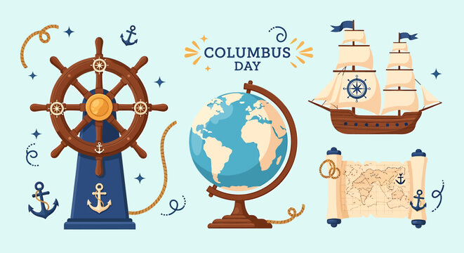 Columbus Day celebration with historical nautical elements on light backdrop