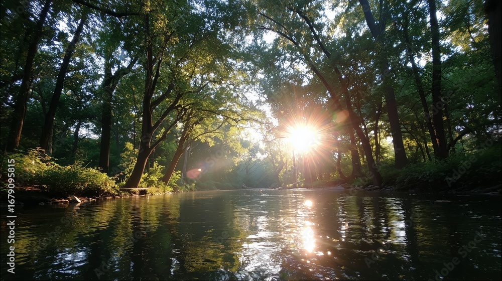 Poster sunlight streams through trees over a calm river in a serene forest during late afternoon