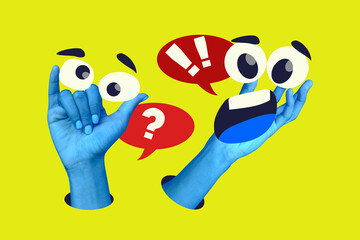 Fototapeta premium Banner artwork trend collage of human hand show shaka gesture bubble communication eyeball sticker chat information talk