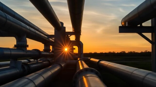 Industrial pipeline network at sunset metallic pipes in parallel structure for transportation infrastructure
