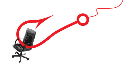 Surreal collage art. Black office chair caught on red fishing hook on white background. Concept of...