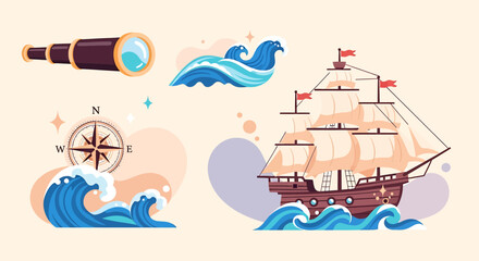Cartoon illustration featuring nautical theme elements like a ship and compass