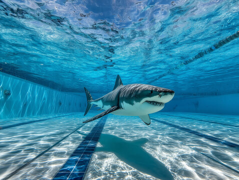 Great white shark swimming in a pool under the surface