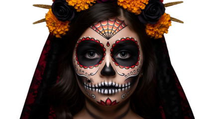 Scary. Young girl like Santa Muerte Saint death or Sugar skull with bright make-up. Portrait isolated on red studio background with copyspace. Celebrating Halloween or Day of the dead.