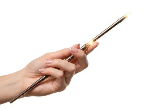 Woman with magic wand on white background, closeup