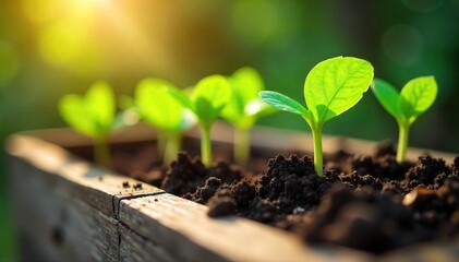 Close-up of lush green sprouts emerging from rich soil in a rustic wooden planter box, sunlight illuminating vibrant new growth ,  agriculture,  detail,  propagation
