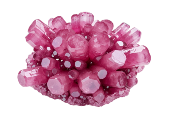 A cluster of vibrant pink crystals, showcasing intricate geometric shapes and brilliant facets against a stark black backdrop.