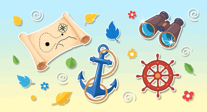 Cartoonish nautical elements arrangement with adventure theme for kids design
