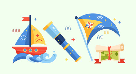 Nautical Adventure Elements with Ship, Telescope, Chart and Wind Rose Banner