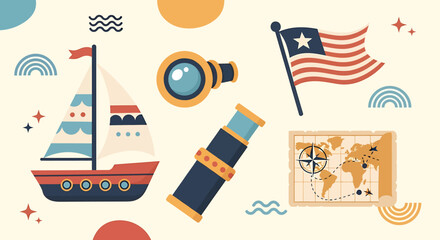 Nautical themed digital illustration featuring voyage elements and travel icons