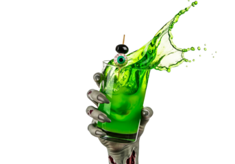 Green Halloween bloody cocktail splash and a zombie hand on black background