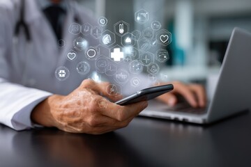 Doctor using phone with health icons overlay